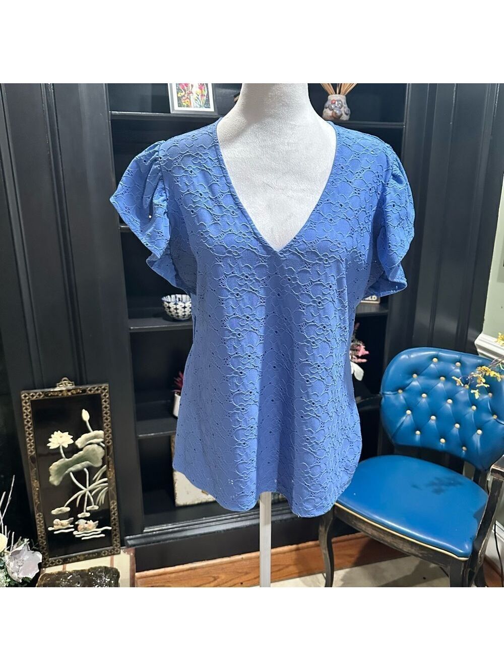 Michael Kors Blue Floral Textured Flutter Sleeve Blouse Size Medium